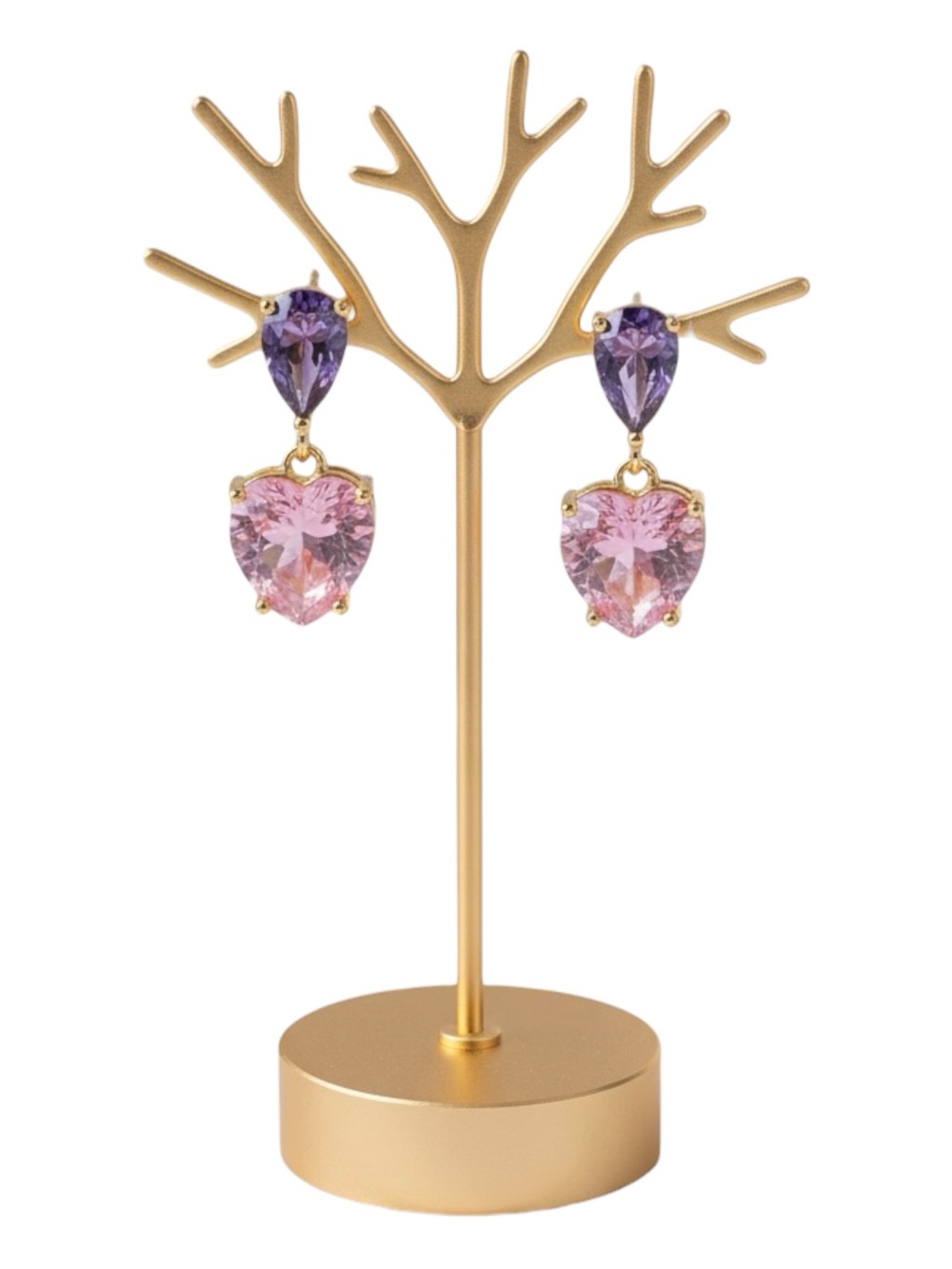 Gold -Plated Pink & Purple CZ Heart Drop Earrings. New.